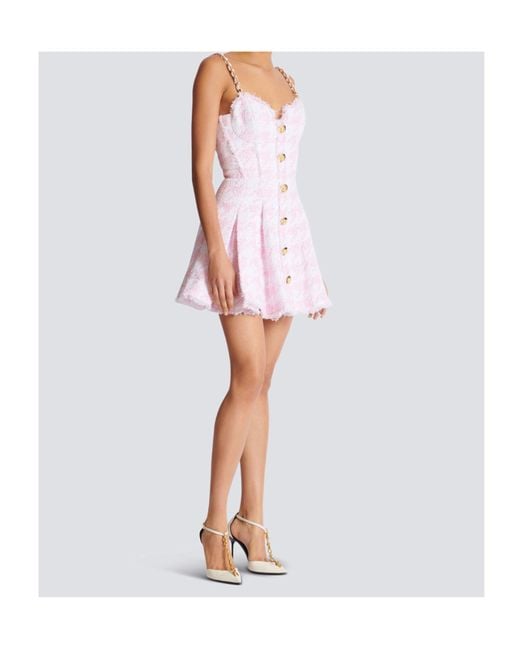 Balmain Pink Tweed Houndstooth Mini Dress