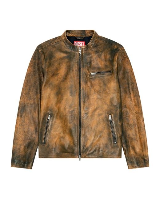 DIESEL Brown Oval-D Embossed Leather Jacket for men