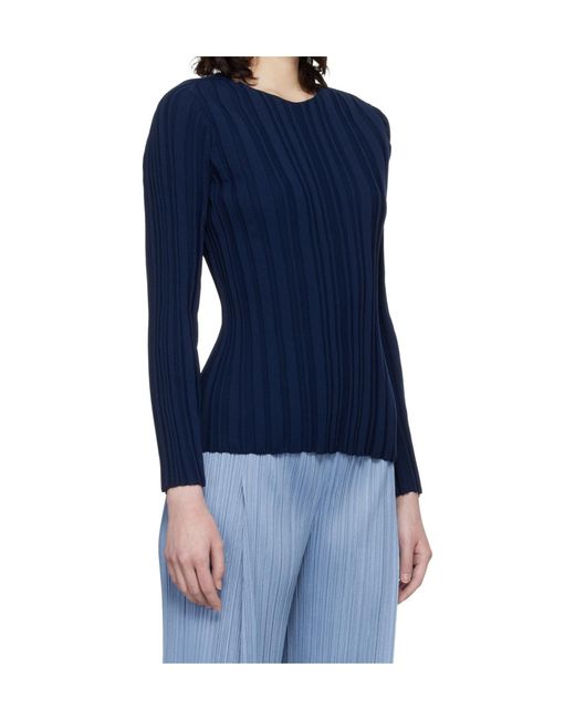 Pleats Please Issey Miyake Blue Ribbed Knit Crew Neck Top