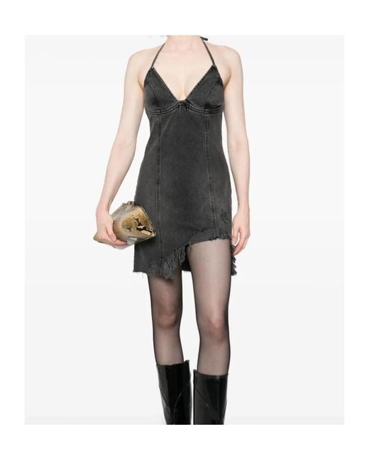 Blumarine Black Halter-Neck Frayed Denim Dress
