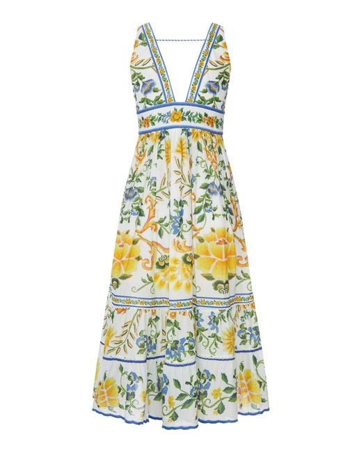 Farm Rio White Long Dress With Floral Print And Deep V-neck