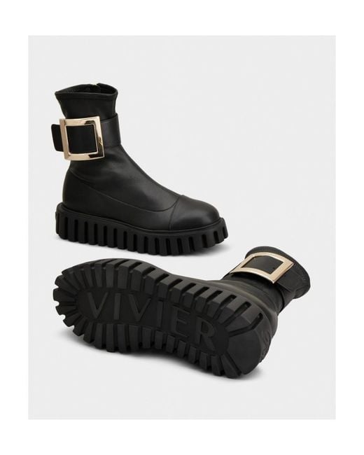 Roger Vivier Black Viv' Go-Thick Metal Buckle Stretch Ankle Boots
