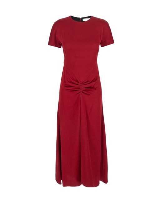 Victoria Beckham Crewneck Midi Dress With Gathered Waist And Rear Zip Closure