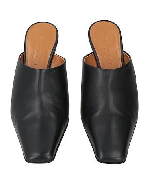 Marni Black Square-Toe Leather Mules