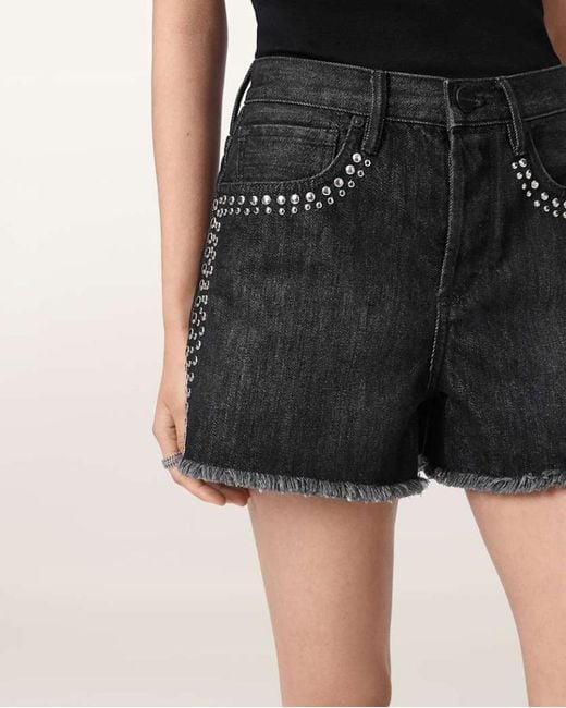 AllSaints Black Heidi High Waisted Stud Denim Shorts