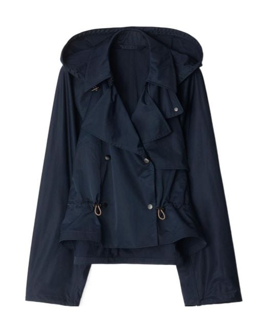 Burberry Blue Satin Hooded Trench Jacket
