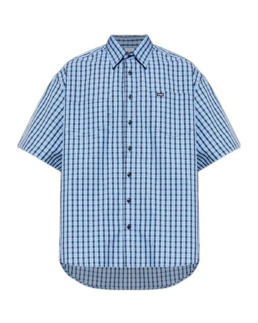 Vetements Blue Logo Patch Checked Short-Sleeve Shirt for men