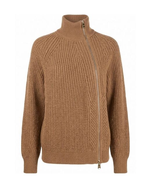 Dondup Brown Ribbed-Knit Asymmetric-Zip Cardigan