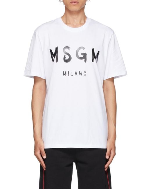 MSGM White Logo Printed Crew Neck T-Shirt for men