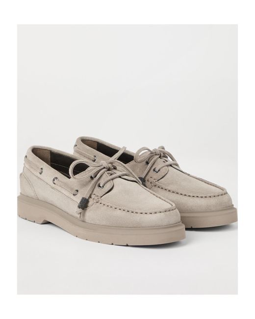 Brunello Cucinelli Gray Monili-Chain Slip-On Boat Shoes