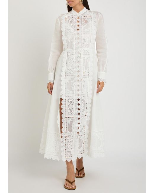 Zimmermann White Aster Embroidered Belted Ramie Midi Dress