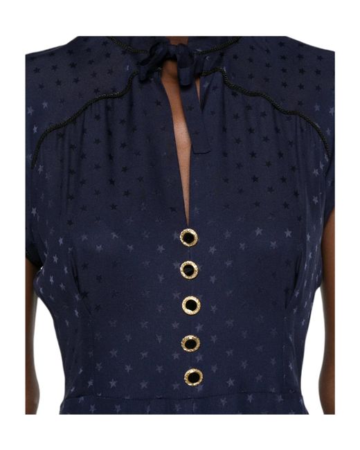 Alessandra Rich Blue Star-Print Tie-Neck Midi Dress