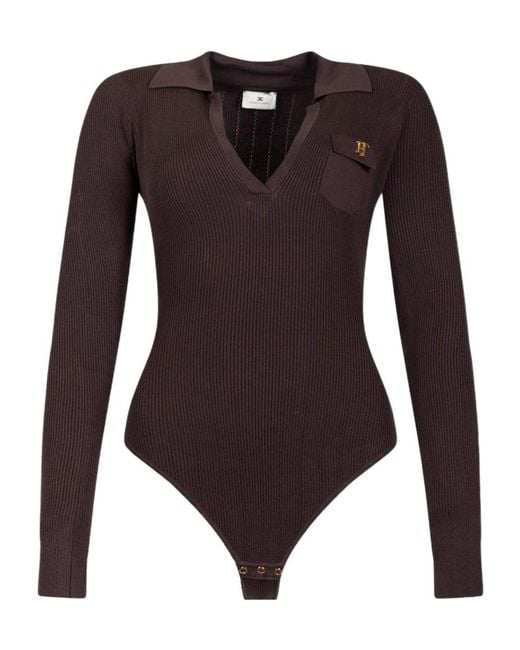 Elisabetta Franchi Brown Ribbed Collar Knitted Bodysuit