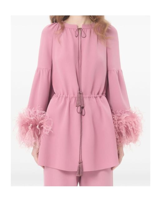 Valentino Pink Cady Couture V-Neck Feather-Trim Dress