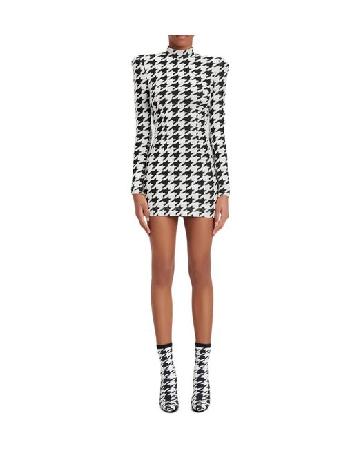 Balmain White Short Houndstooth Print Velvet Dress