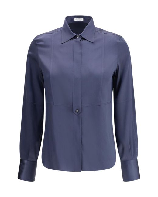 Brunello Cucinelli Blue Long-Sleeve Silk Shirt