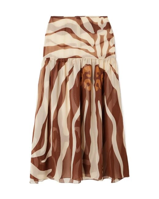 Johanna Ortiz Brown Gathered Printed Recycled-Chiffon Maxi Skirt