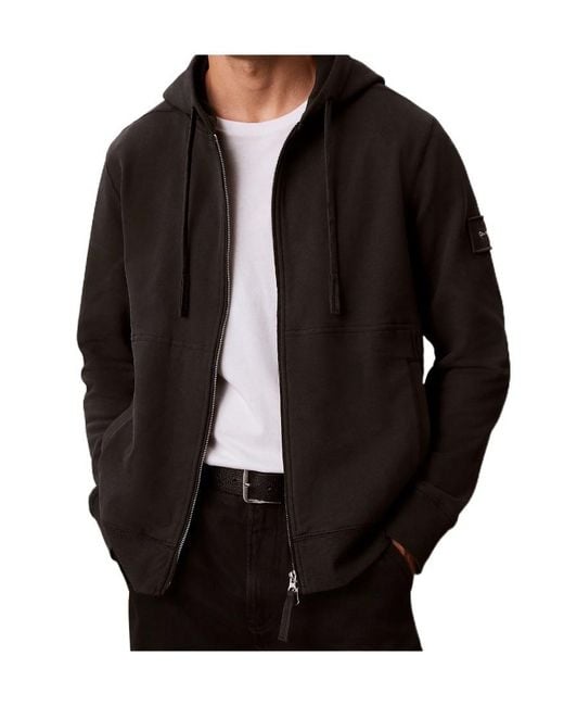 Calvin Klein Black Cotton Terry Badge Zip Hoodie for men