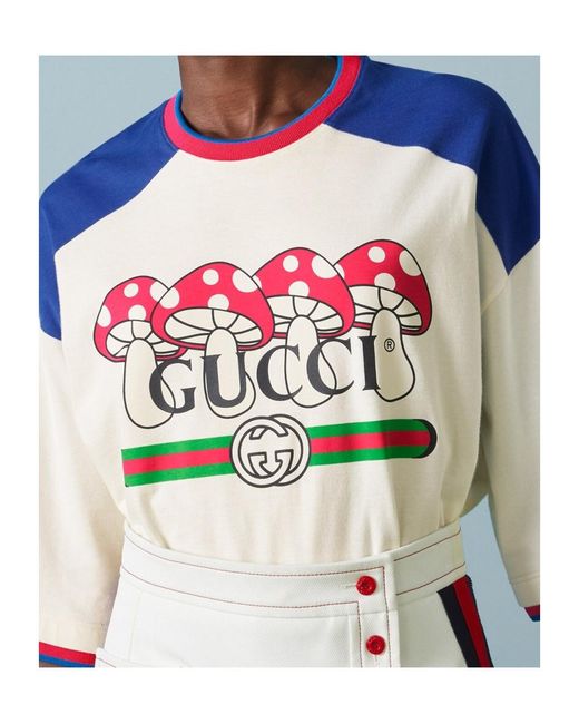 Gucci Blue Mushroom-Print Cotton T-Shirt