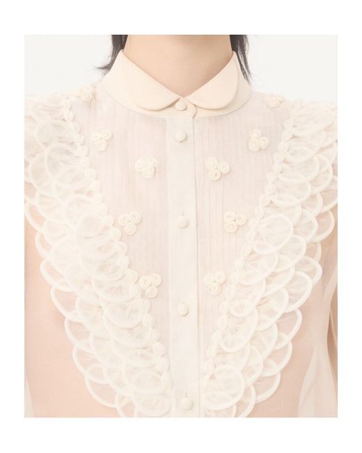 Valentino White Embroidered Organza Puff-Sleeve Top