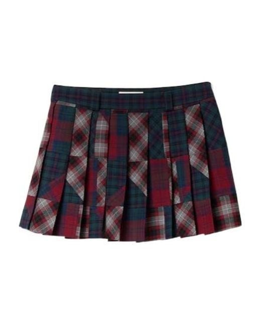 Miu Miu Red Pleated Plaid Patchwork Miniskirt