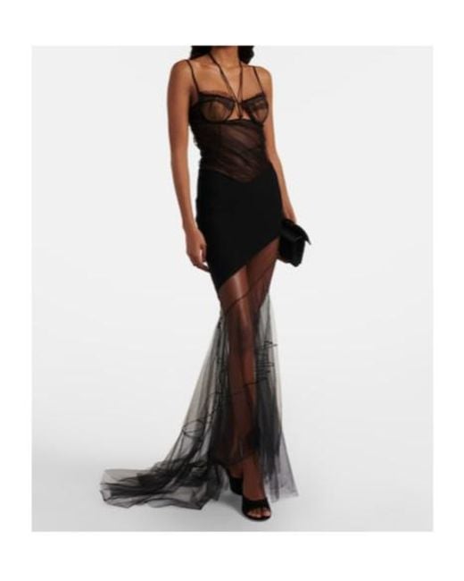 Nensi Dojaka Black Asymmetric Draped Sheer Maxi Dress