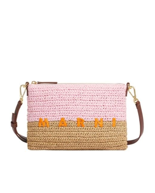 Marni Pink Logo Embroidered Wovened Clutch Bag