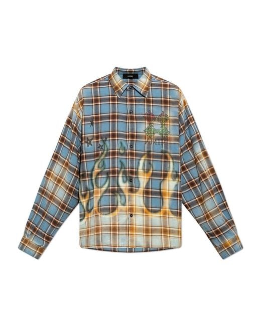 Amiri Blue Oversized Checked Logo Shirt for men