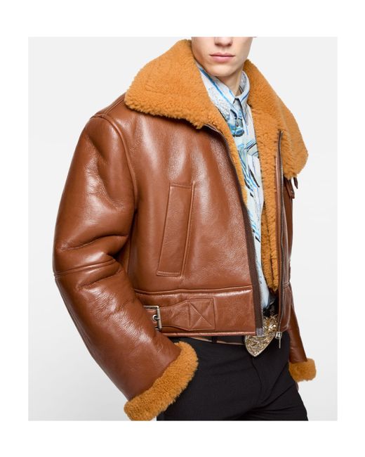 Acne Brown Shearling-Collar Leather Jacket for men