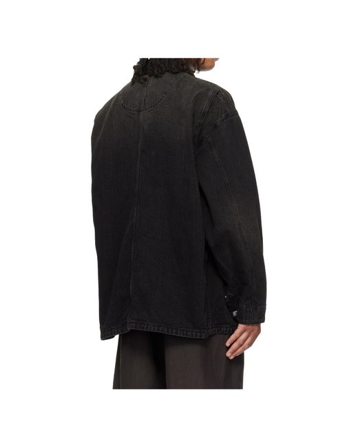 Wooyoungmi Black Leather Collar Washed Denim Jacket for men