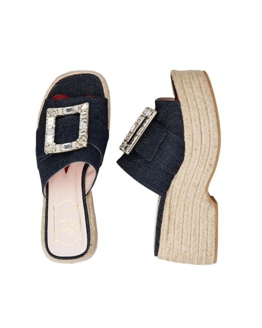 Roger Vivier Blue Strass Buckle Espadrille Platform Mule