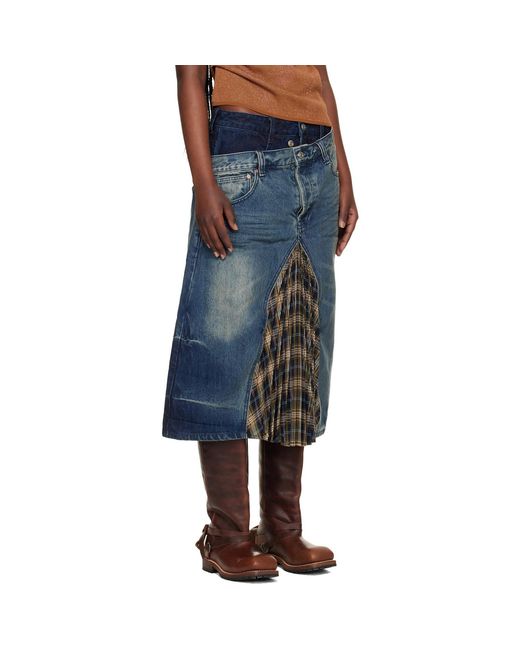 ANDERSSON BELL Gray Pleated Patchwork Denim Midi Skirt