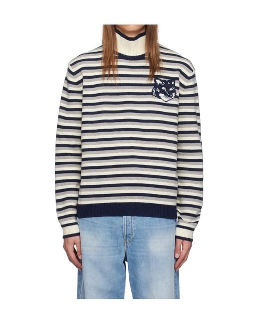 Maison Kitsuné Blue Fox Head Intarsia Striped Jumper for men