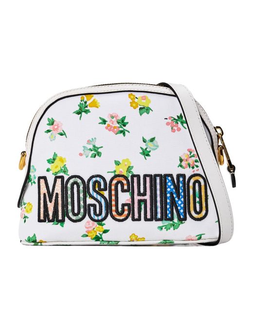 Moschino White Logo Zipper Shoulder Bag