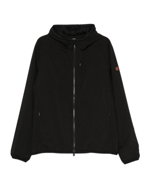 Save The Duck Black Hooded Logo-Patch Jacket for men