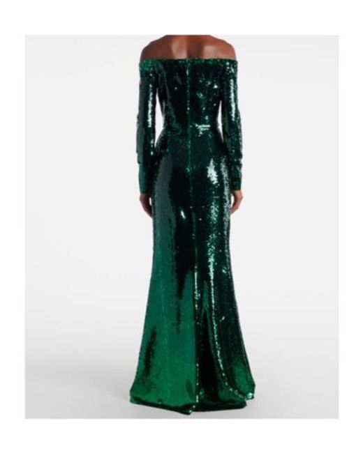 Elie Saab Green Sequined Off-Shoulder Gown