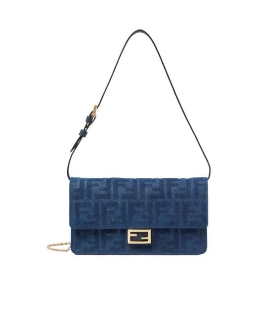 Fendi Blue Baguette Ff Flocked Chained Wallet