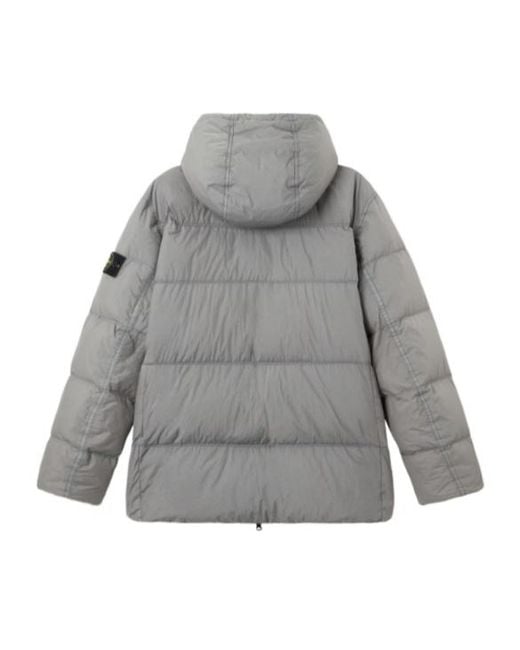Stone Island Gray Shaped Padded Hood Jacket With Double-Adjustable Drawstring, Slanted Snap Pockets & Two-Way Zip for men