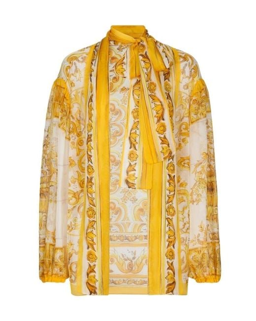 Dolce & Gabbana Yellow Chiffon Pussy-Bow Shirt With Majolica