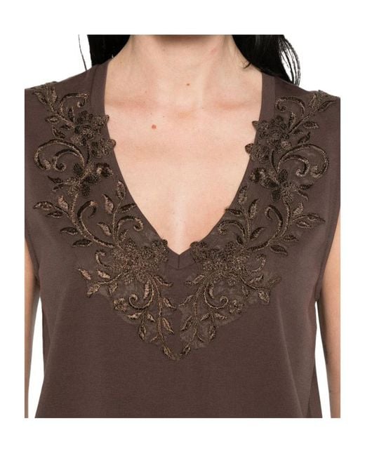 Blugirl Blumarine Brown Embellished V-Neck Top