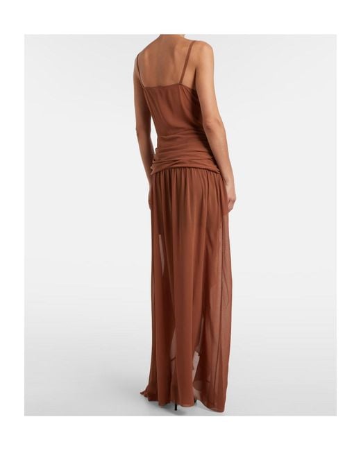 JACQUES WEI Brown Draped Ruffled Maxi Dress