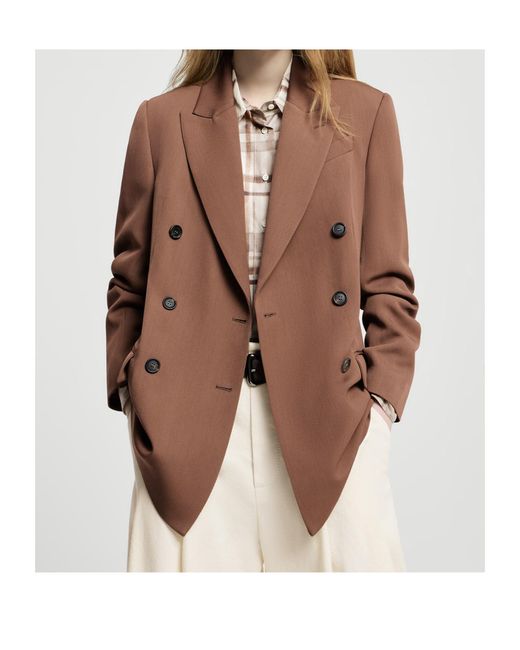 Brunello Cucinelli Brown Virgin-Wool And Viscose Tricotine Blazer With Monili