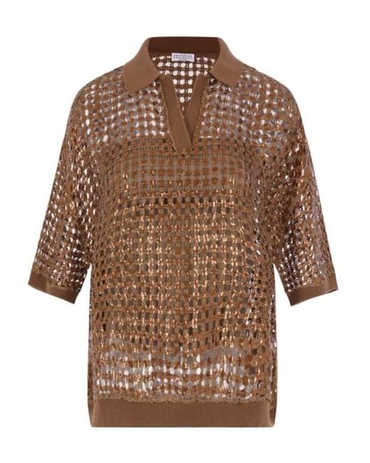 Brunello Cucinelli Brown Sequinned V-Neck Jumper