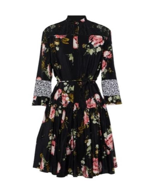 Erdem Black Floral Silk Crêpe De Chine Minidress