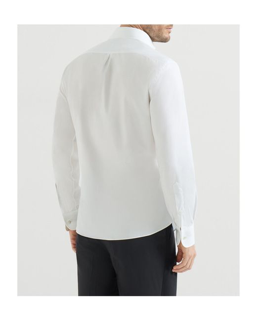 Brunello Cucinelli White Sea Island Cotton Twill Basic Fit Shirt With Point Collar And Pleated Bib And Cuffs for men