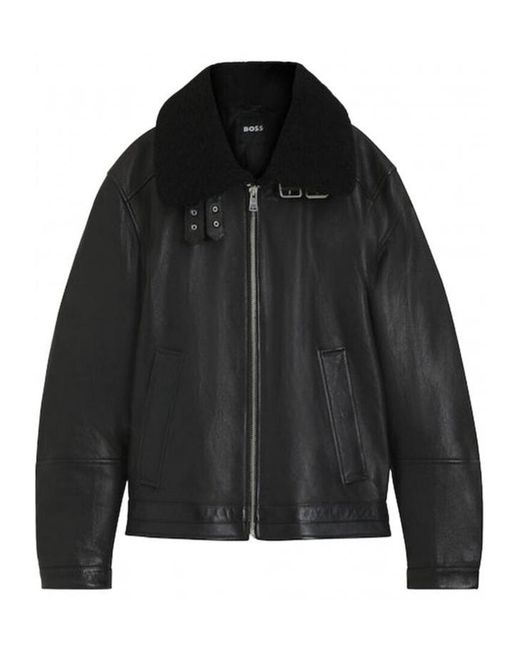 Boss Black Long-Sleeved Leather Jacket for men