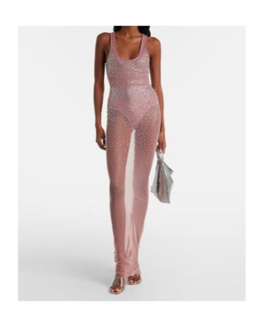 Alex Perry Pink Crystal-Embellished Mesh Maxi Dress