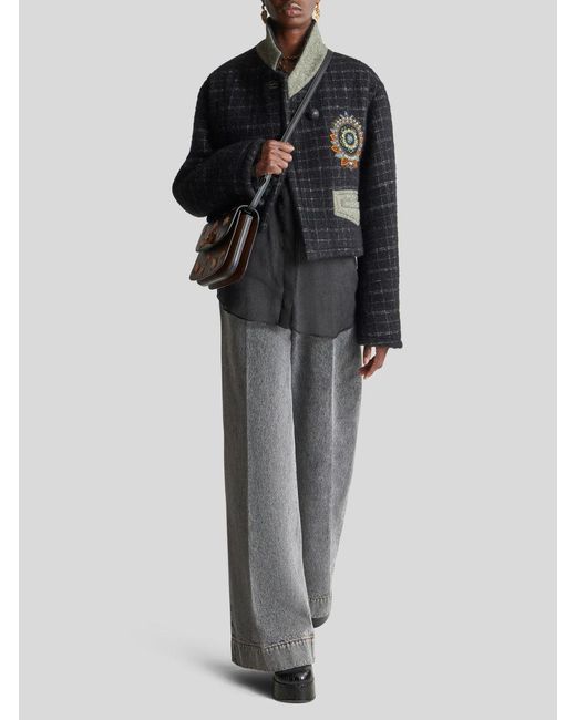 Etro Black Floral Embroidered Checked Coat