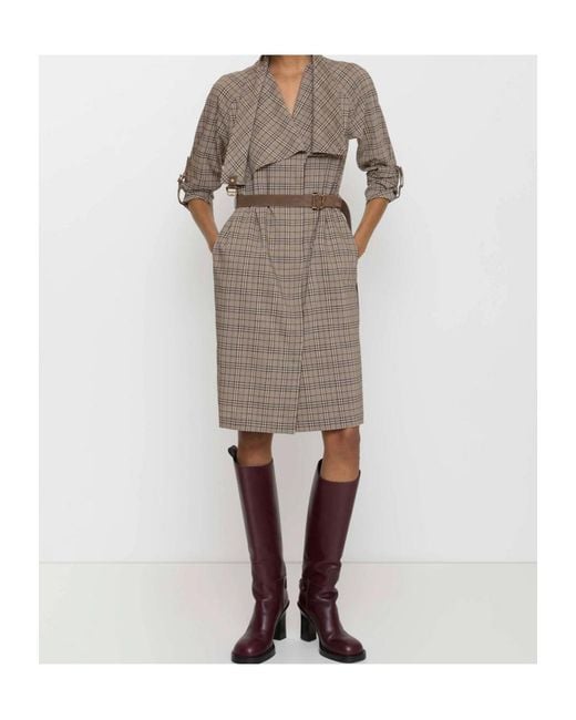 Burberry Gray Shawl Collar Checked Belted Midi Dress