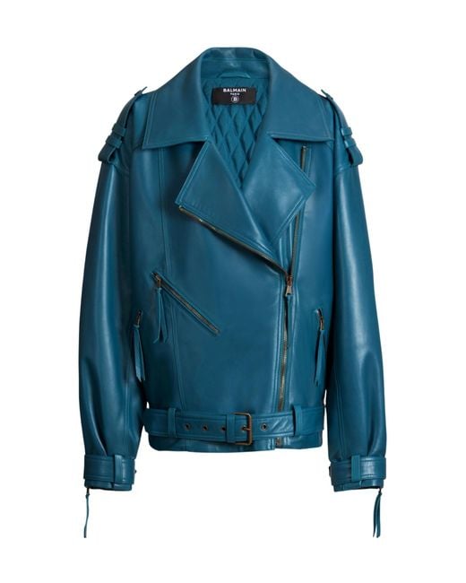 Balmain Blue Lambskin Biker Jacket